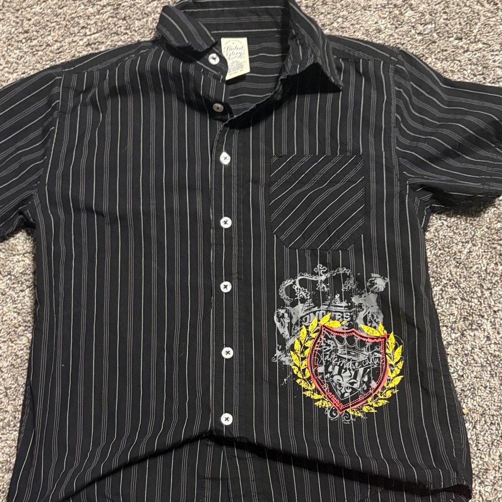 2 Striped Short-Sleeve button ups one with print and the other gray and orange